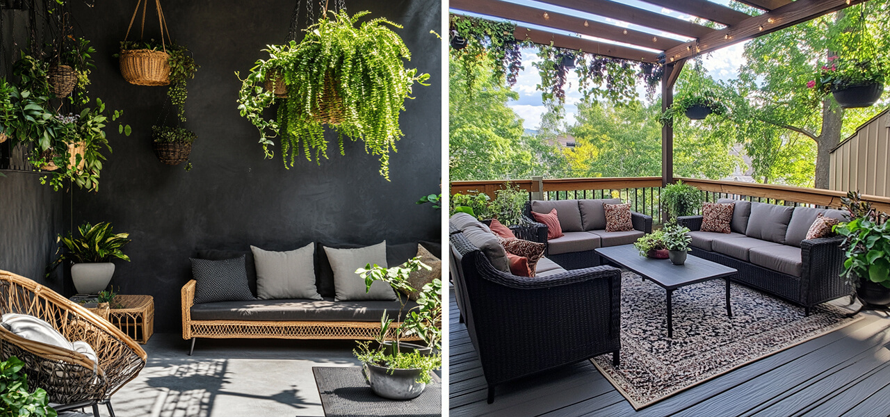 Elevate your patio with outdoor rugs, pillows, and greenery. Thoughtful decor creates a stylish and inviting outdoor space.