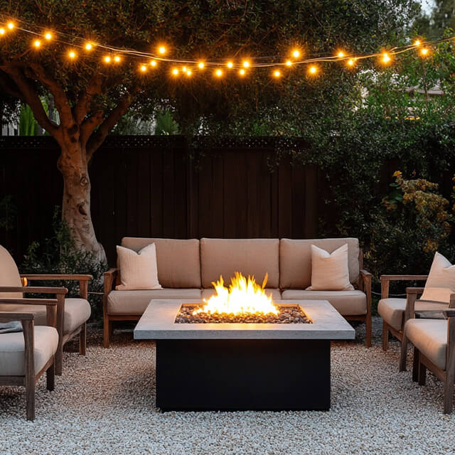 Modern fire pit with cushioned seating and string lights, creating a cozy backyard atmosphere