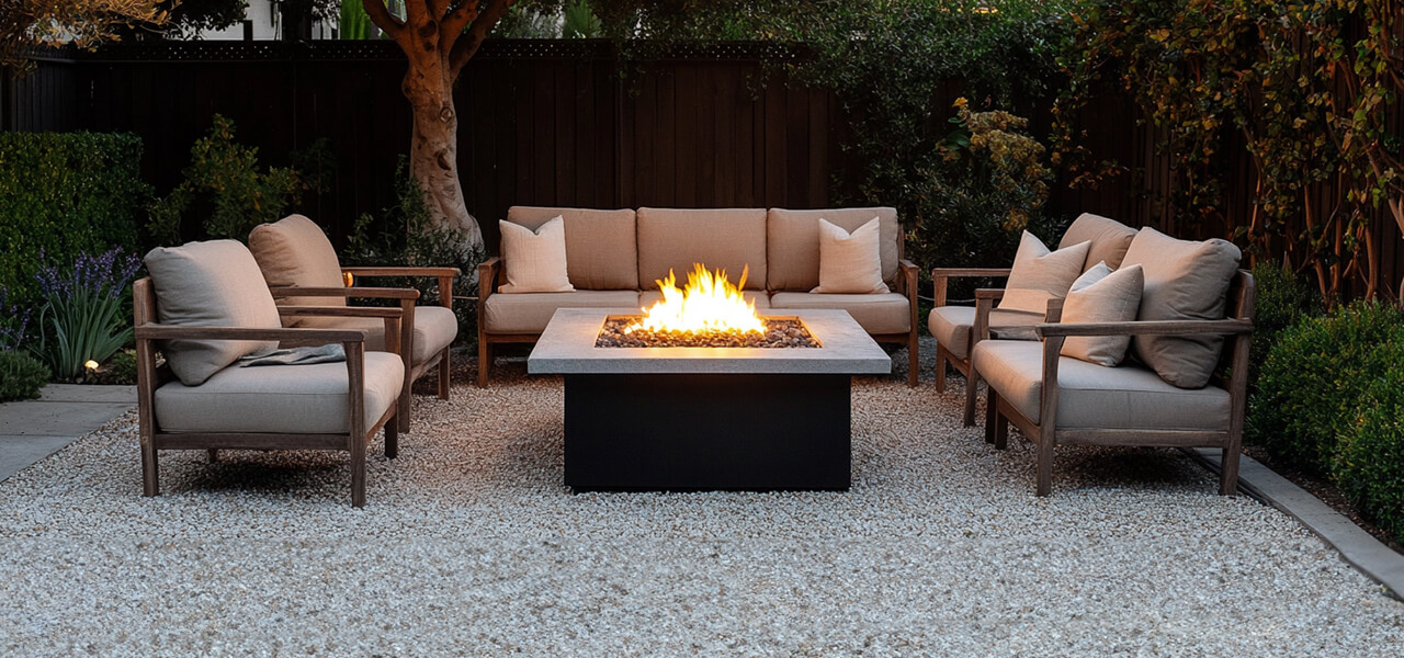Modern fire pit with cushioned seating and string lights, creating a cozy backyard atmosphere