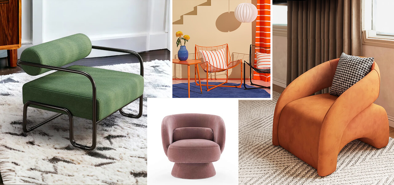 Collection of bold, funky accent chairs in bright colors, playful shapes, and modern materials.