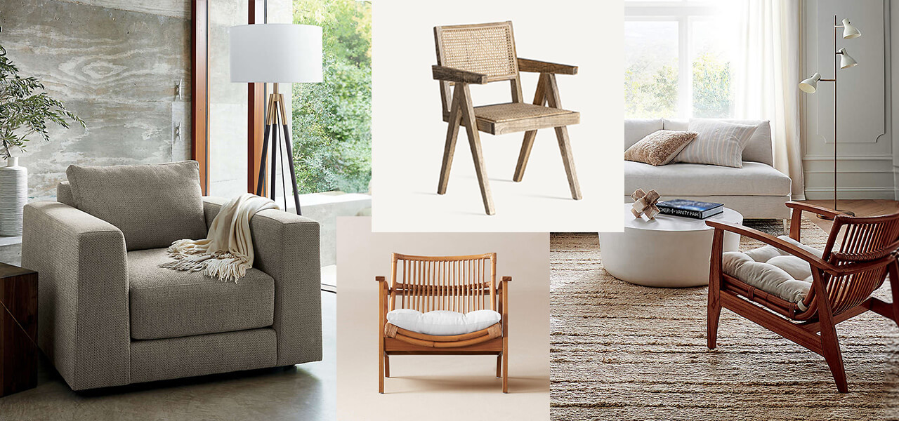 Neutral-toned coastal accent chairs in a light-filled living room with wood and woven textures.