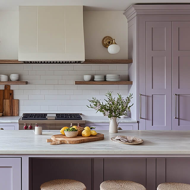 A stylish kitchen featuring muted lavender cabinetry, marble countertops, and warm wood accents for a modern yet inviting look.