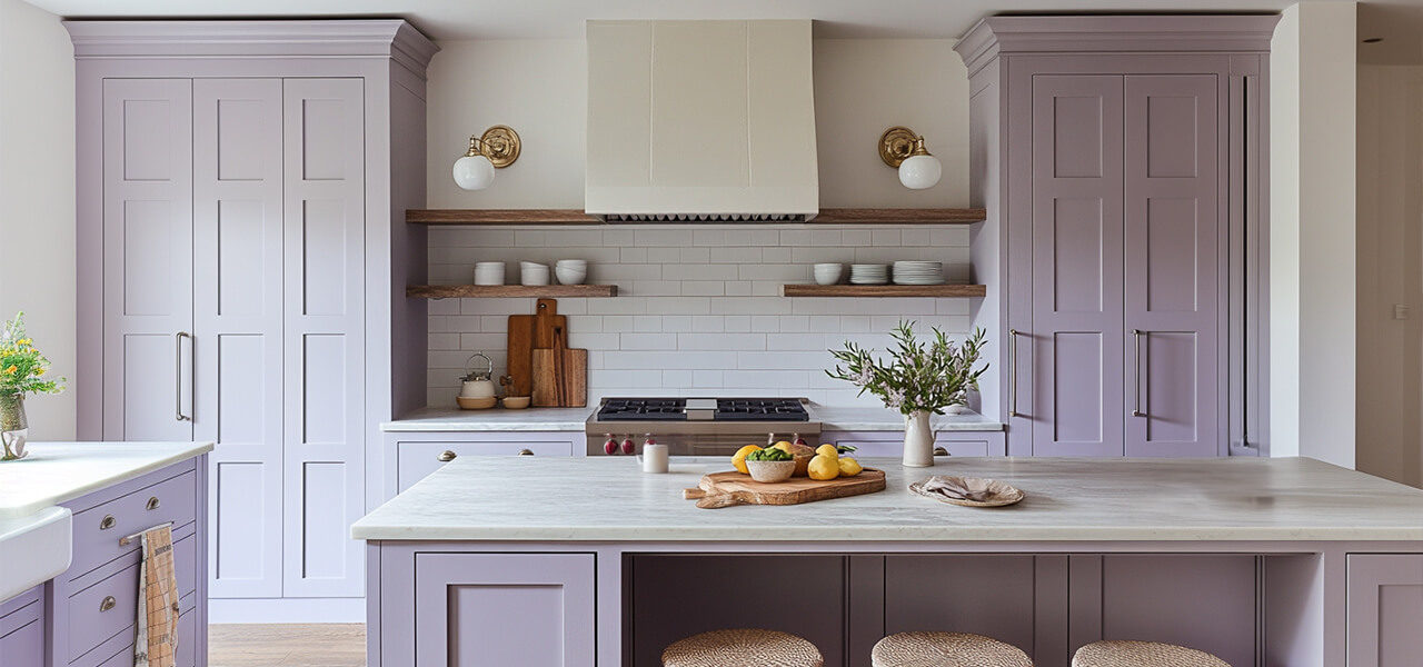 modern kitchen featuring soft pastel cabinetry in a muted lavender shade, paired with marble countertops and warm wood accents.