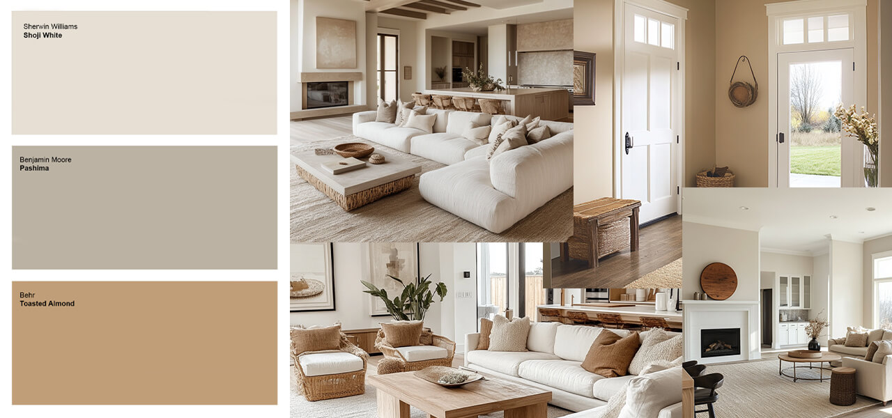 Warm and inviting living room featuring soft neutral tones, natural textures, and cozy furnishings.