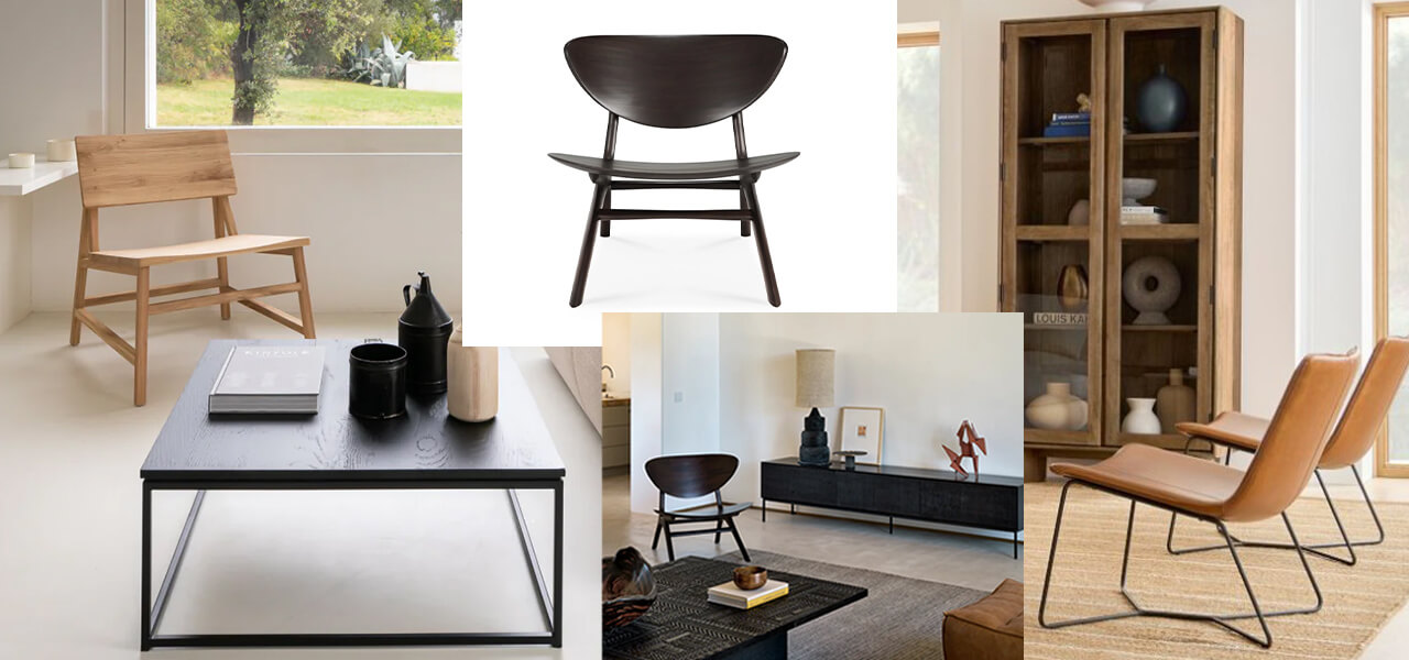 Minimalist accent chairs in wood, leather, and black finishes styled in clean, neutral-toned living rooms.