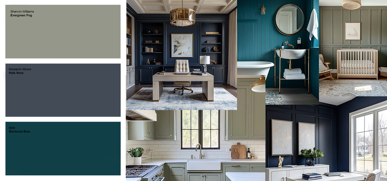 Sophisticated interiors featuring deep navy and muted green walls, styled with warm wood, brass accents, and natural textures.