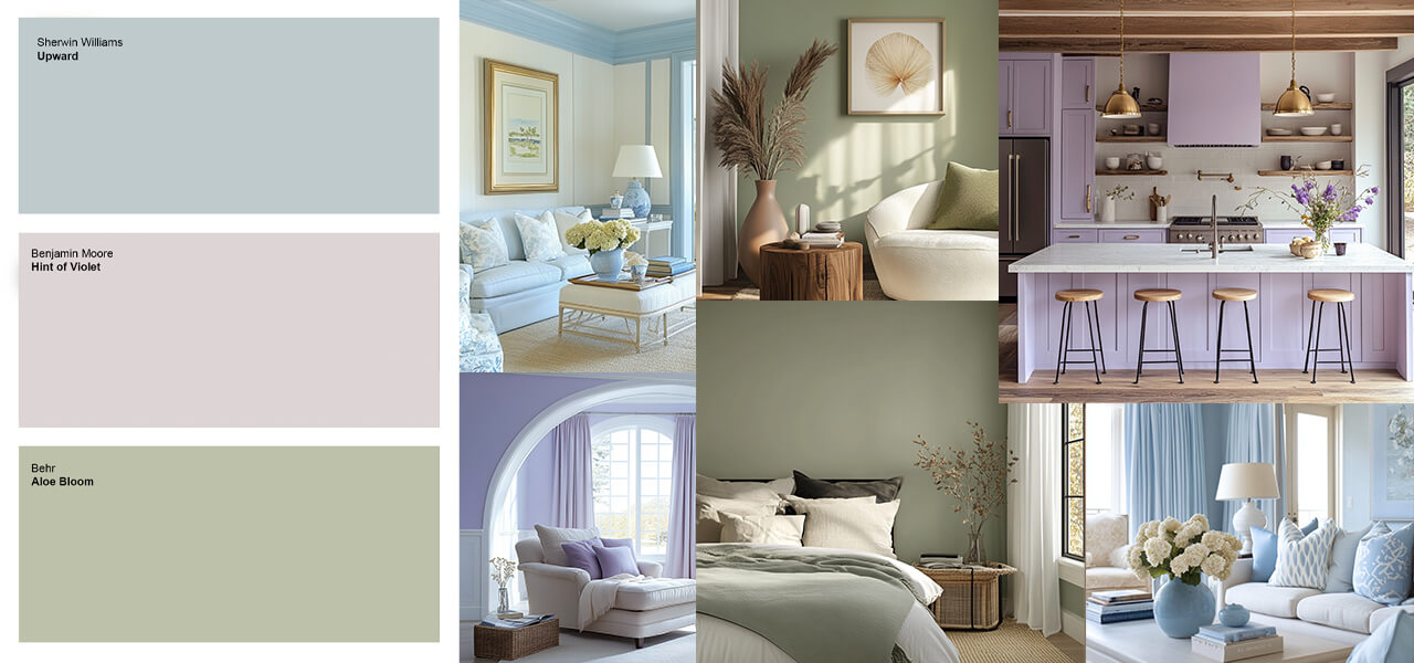 Soft and modern interiors featuring pastel shades of blue, green, and lavender, creating a light and airy feel.