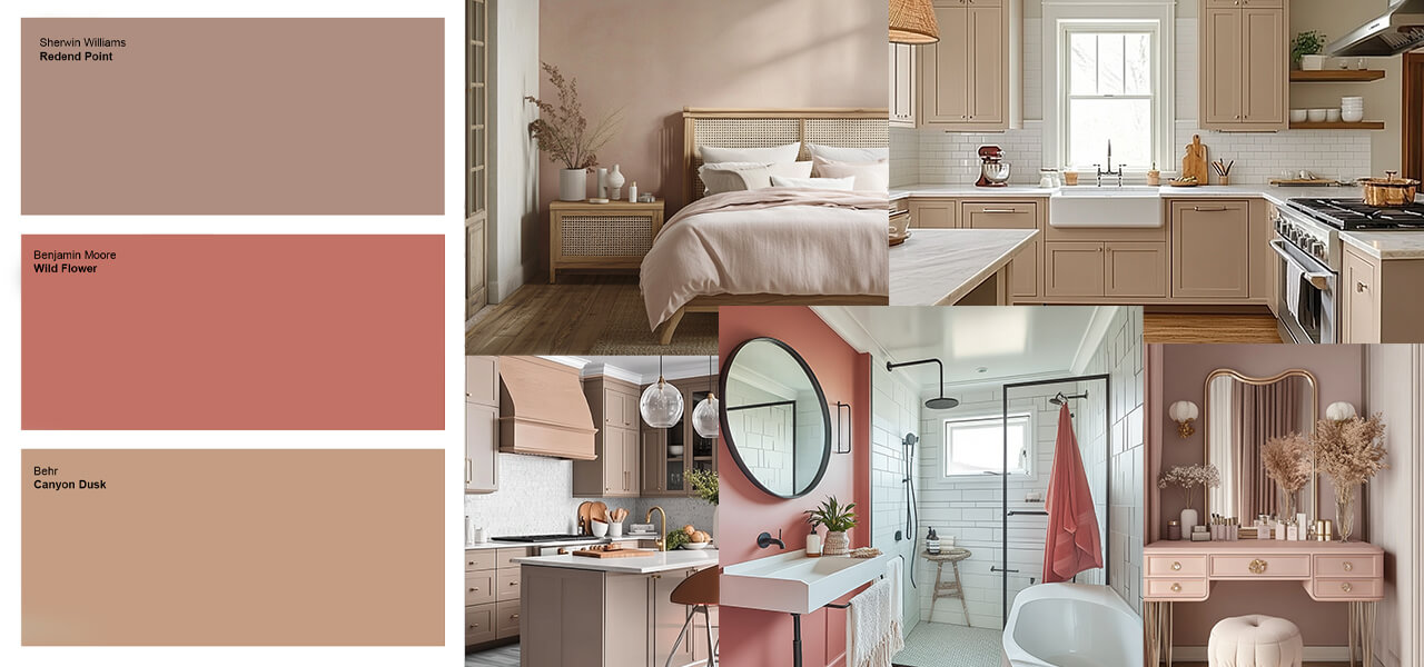 Warm and inviting interiors featuring soft pink and sunset-inspired hues, styled with natural wood, brass accents, and cozy textures.