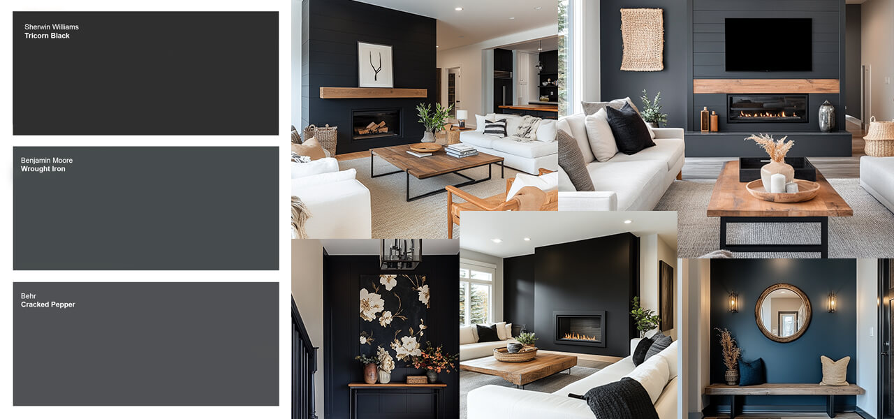 Bold and modern living spaces featuring deep, moody dark walls paired with wood and neutral accents.