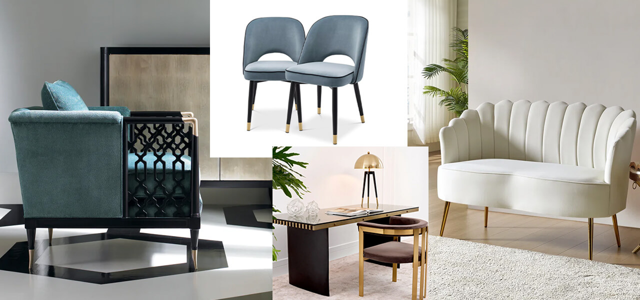 Collection of velvet and sculptural accent chairs with gold accents in glam modern interiors.