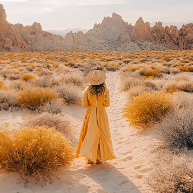 Square crop of a woman in a yellow dress walking into the desert surrounded by warm earth tones and rocky cliffs.