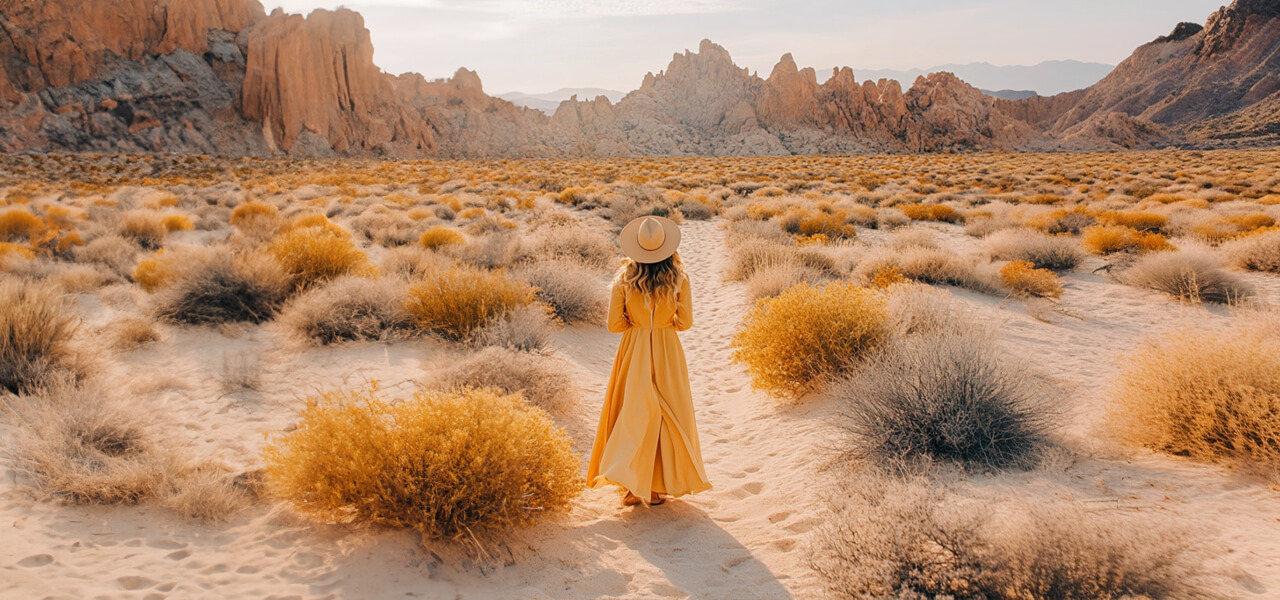 Back view of a woman in a long yellow dress and hat walking through a desert landscape with golden shrubs and rocky peaks.