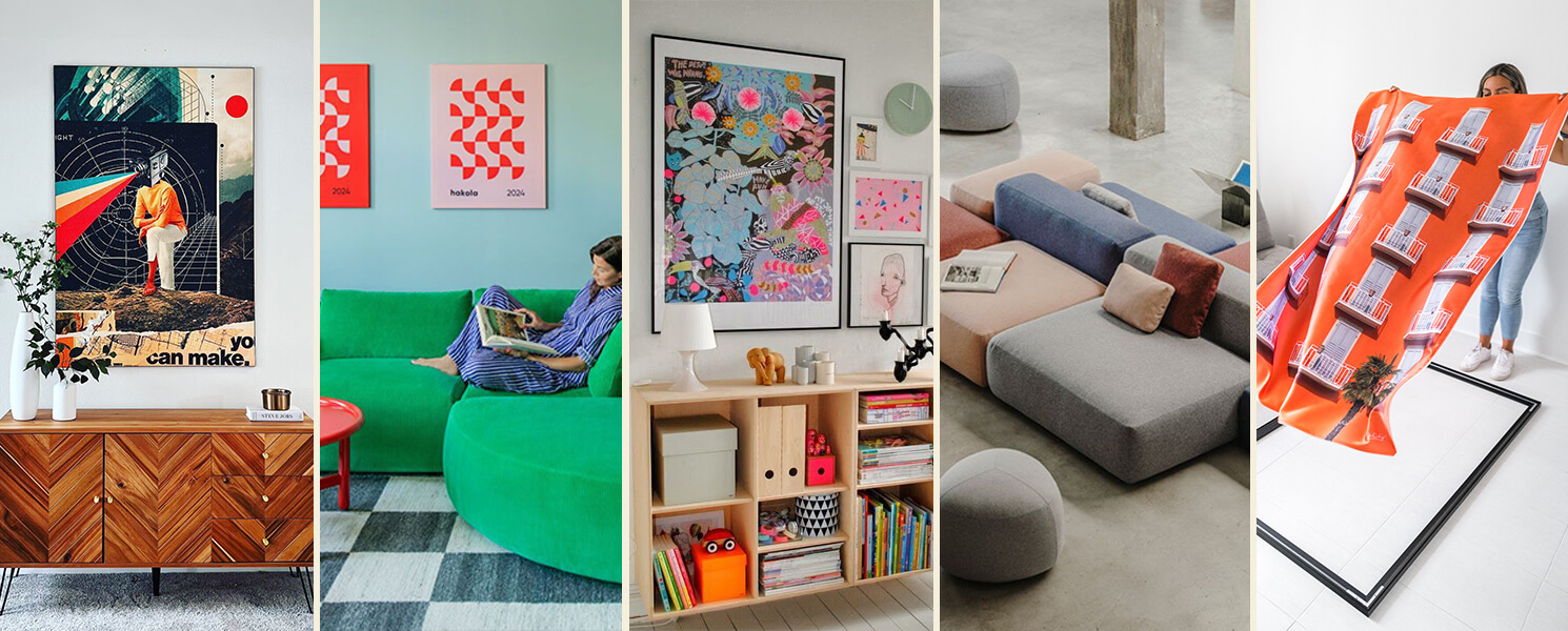 A collage of vibrant interior scenes featuring oversized wall art, bold graphic prints, colorful modular sofas, and a woman displaying a large-scale art print.
