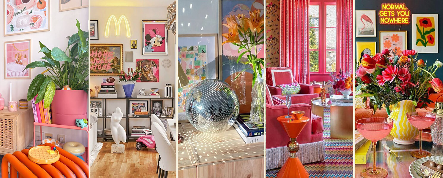 Dopamine decor interiors with colorful wall art, vibrant furniture, and playful accessories showcasing 2025 home decor trends.
