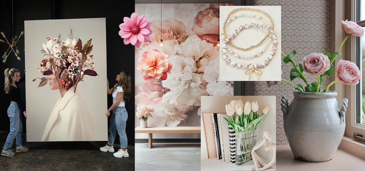 Modern floral wall art and soft flower-themed home decor accents in neutral tones