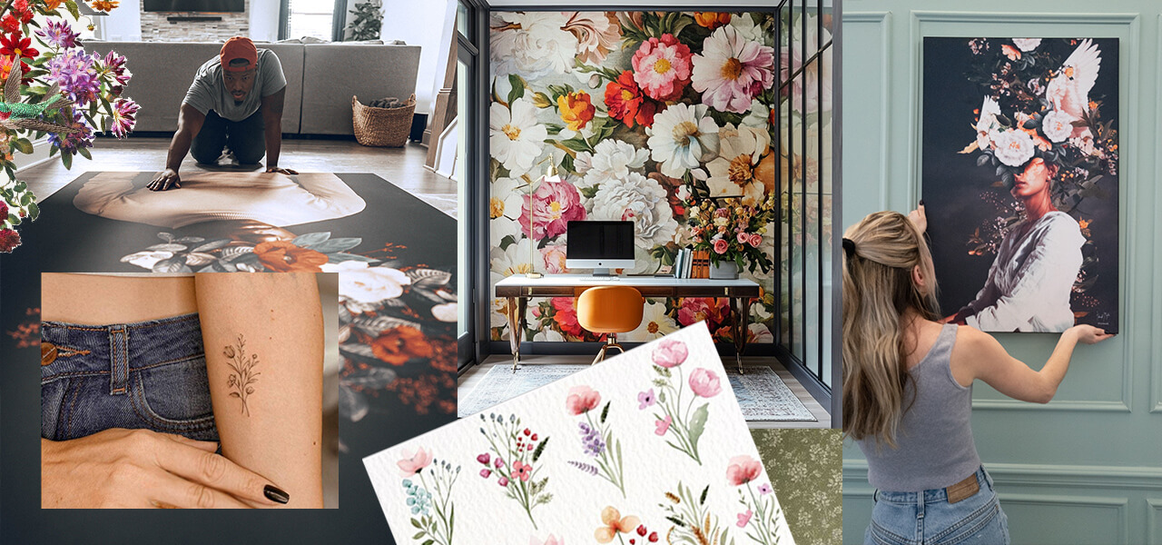 Mix of floral tattoos, watercolor flower art, and oversized floral murals in bold spaces
