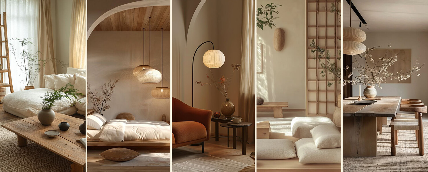 Japandi interiors showcasing minimalist furniture, neutral colors, and natural materials in a peaceful, calming design style.