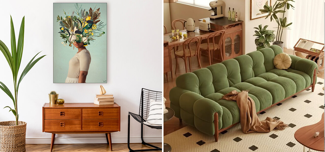 Split view of two stylish living rooms—one with floral wall art and mid-century furniture, the other with a tufted green sofa and warm wood decor