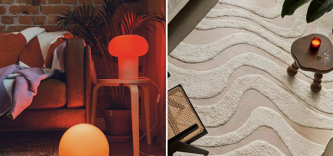 Split image showing cozy ambient lighting beside a sofa and a textured wavy rug with a candle on a wood side table