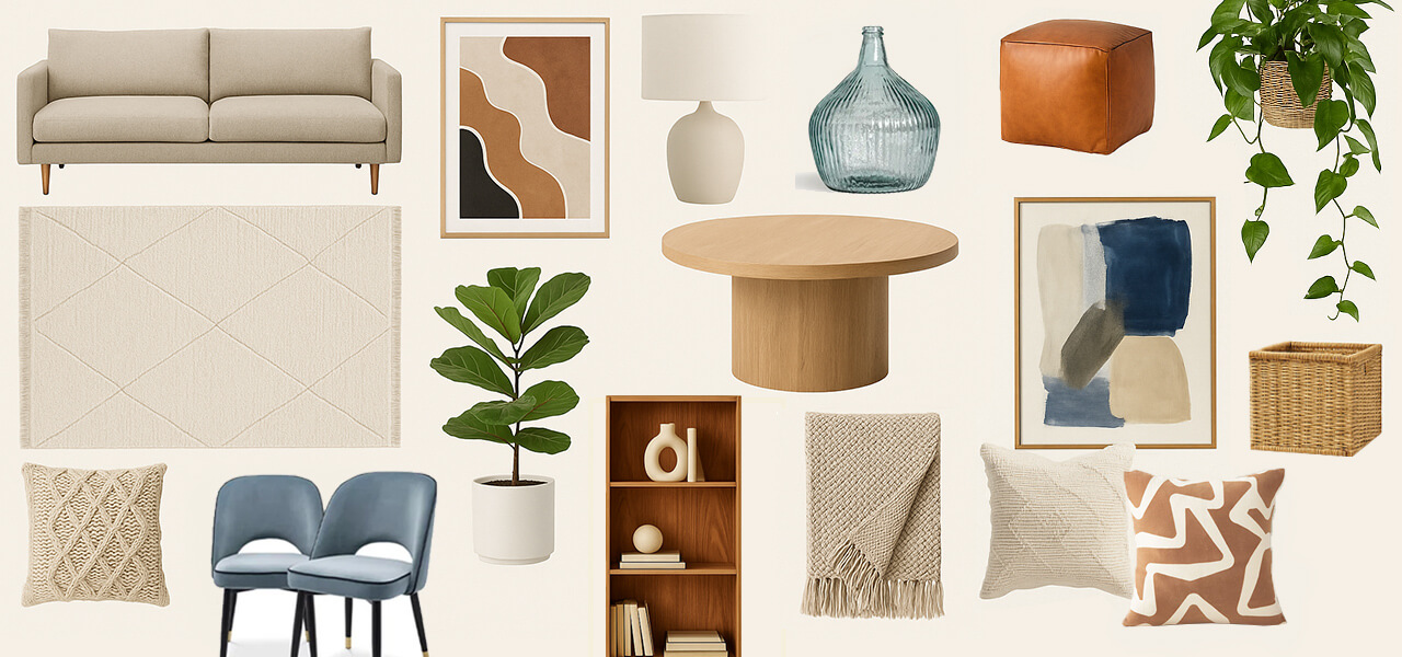 Mood board-style collage of modern living room essentials including sofa, rug, coffee table, wall art, throw pillows, and greenery