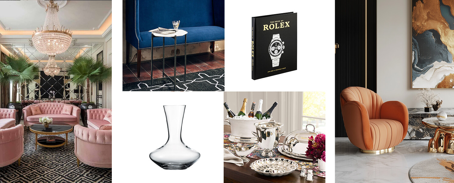 Collage of Loud Luxury home décor items including velvet seating, crystal chandeliers, gold accents, sculptural furniture, and luxury barware.