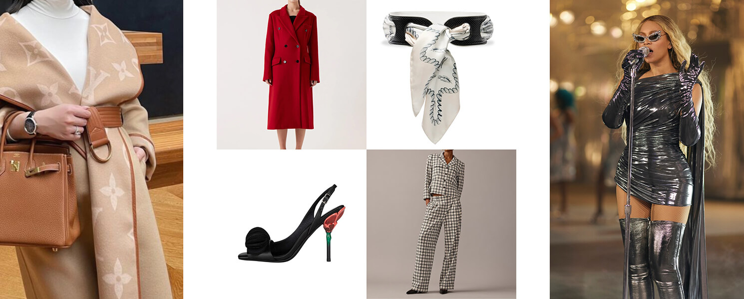 Collage of Loud Luxury fashion featuring a Louis Vuitton coat, red double-breasted coat, metallic Beyoncé stage look, statement heels, luxury accessories, and matching set.