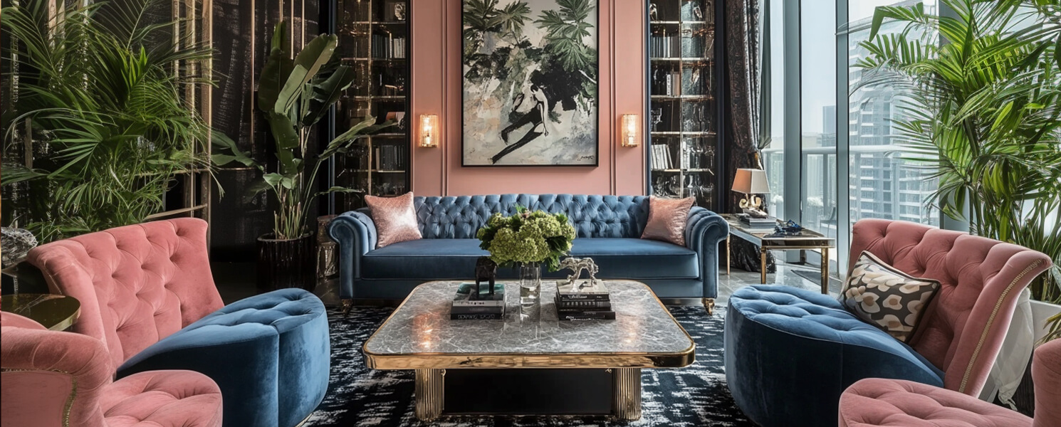 Bold living room with tufted pink and blue velvet seating, oversized artwork, marble coffee table, gold accents, and lush greenery.