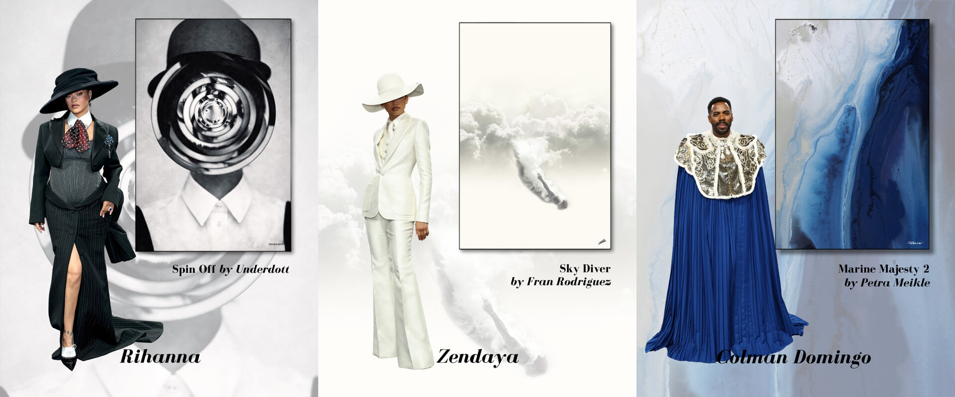 Rihanna, Zendaya, and Colman Domingo at the 2025 Met Gala styled next to modern art prints by Underdott, Fran Rodriguez, and Petra Meikle.