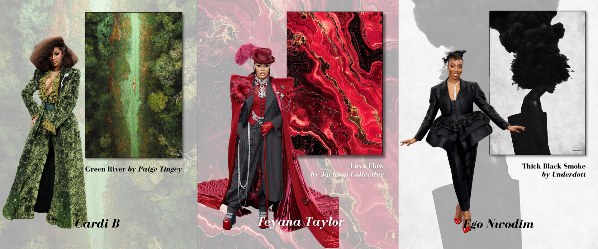 Cardi B, Teyana Taylor, and Ego Nwodim at the 2025 Met Gala, each styled beside modern art pieces by Paige Tingey, Jackson Collective, and Underdott.