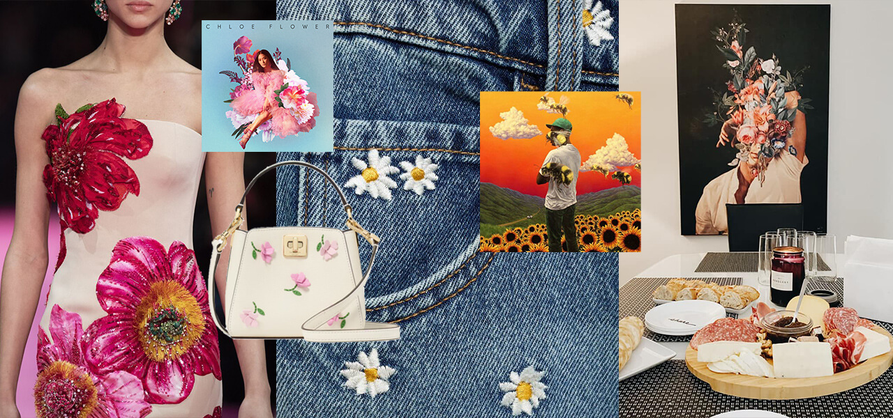Collage of modern flower art in fashion, music visuals, and surreal home decor