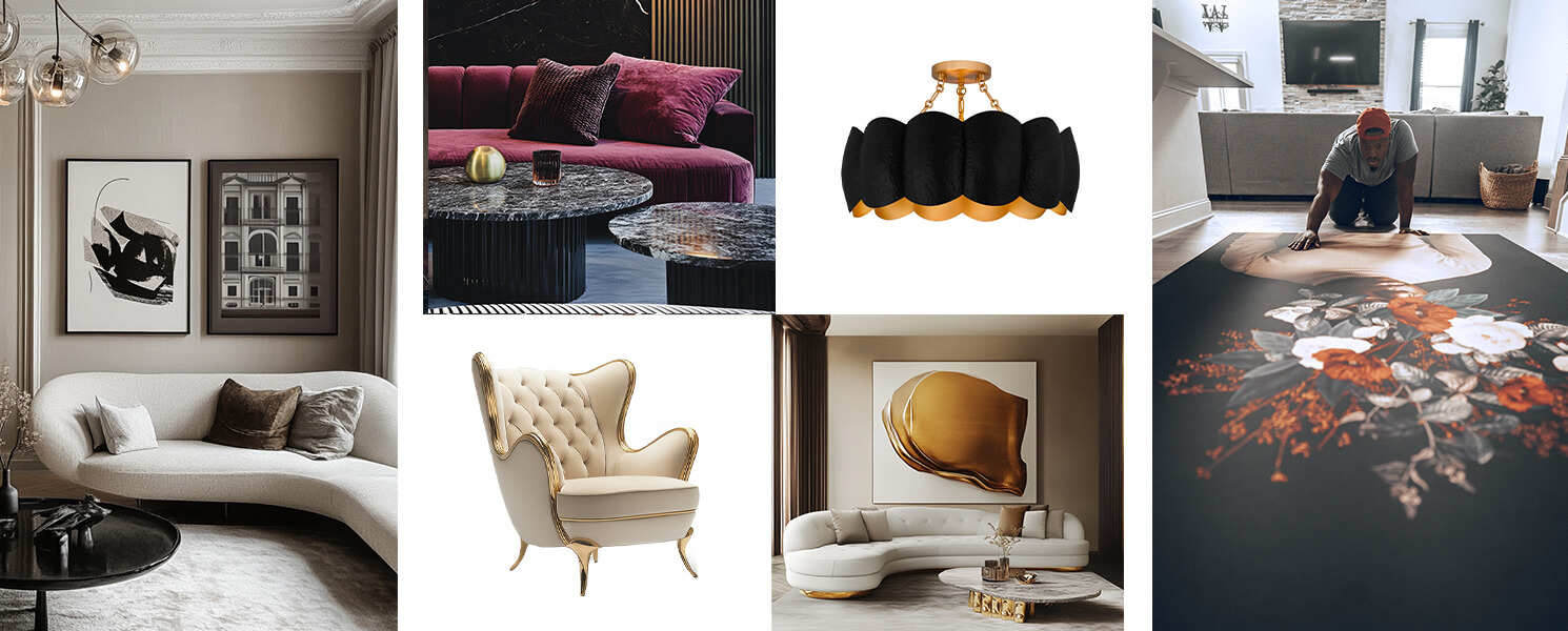 Collage of modern luxury home décor with curved sofas, bold wall art, velvet seating, gold lighting, and an artist installing oversized floral artwork.