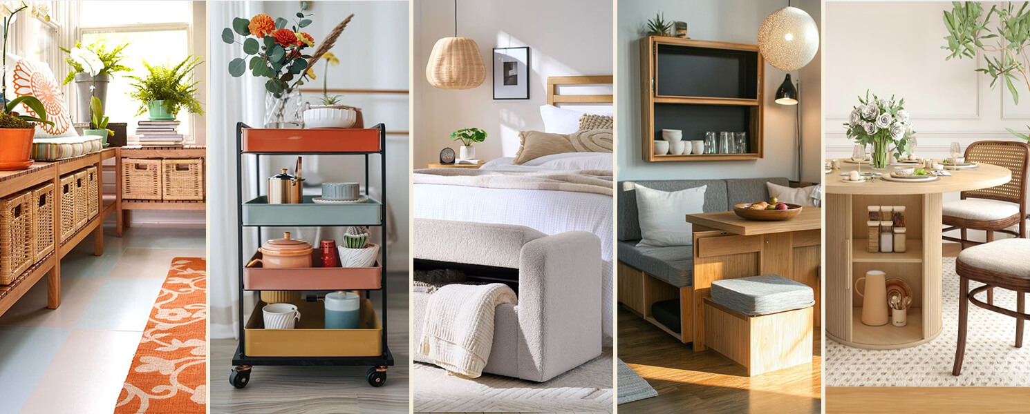 A collection of smart home furniture featuring bench storage, rolling carts, hidden bed drawers, and space-saving dining tables with built-in shelving.