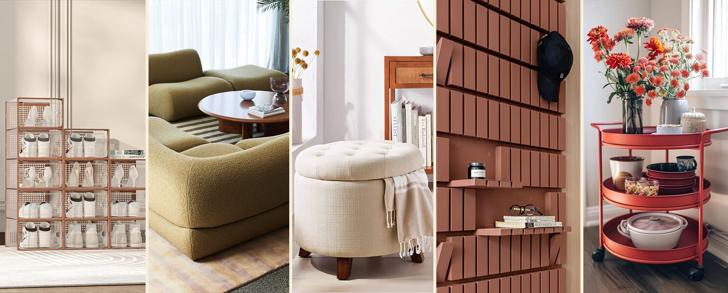 A curated collage of trending 2025 home decor featuring stackable shoe storage, boucle sofas, hidden storage ottomans, vertical shelving, and mobile kitchen carts.