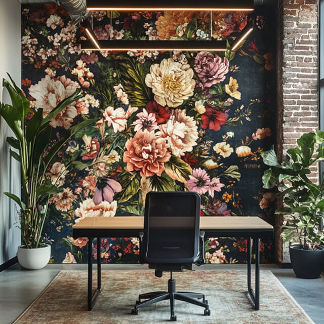 Large floral print above a bed in a bright modern bedroom