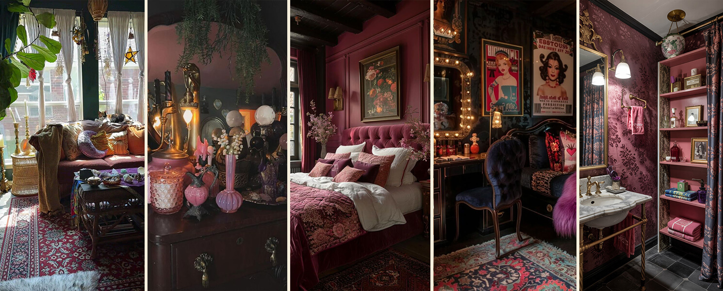 Whimsigoth interiors with dark, moody colors, vintage decor, and whimsical mystical accents following 2025 home decor trends.