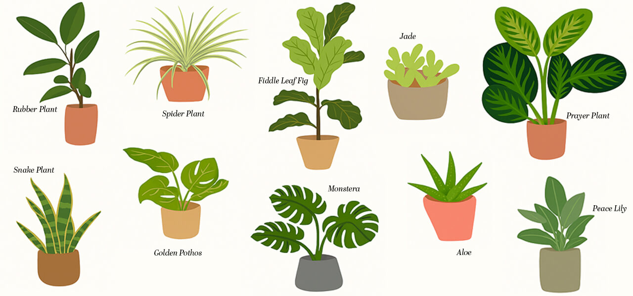 Illustrated guide showing ten beginner-friendly indoor plants for bloom rooms