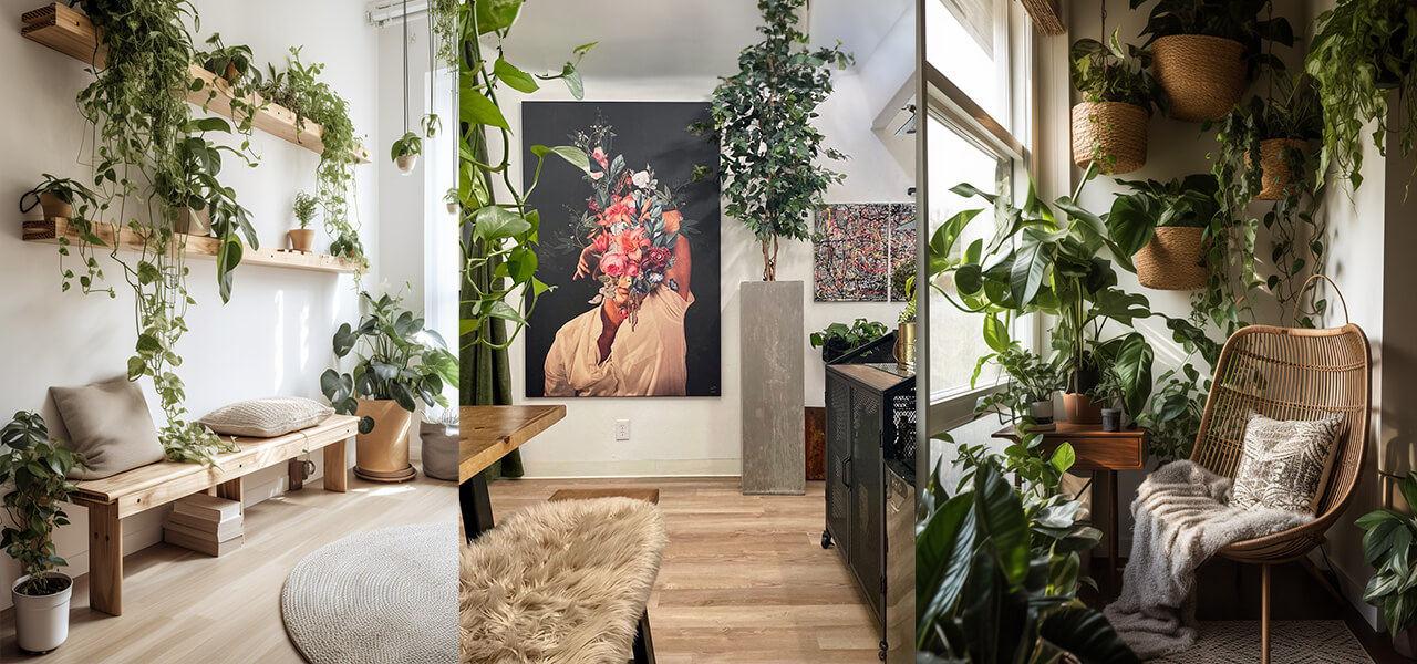 Three different bloom room setups with lush indoor plants, cozy seating, and natural light