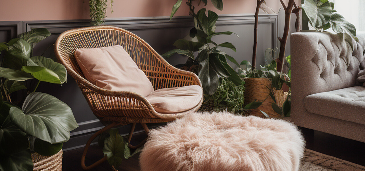 Cozy bloom room with indoor plants, a rattan chair, and soft pink décor accents