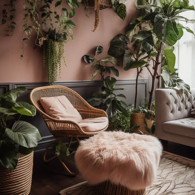 Bloom room with cozy rattan chair, lush plants, and soft pink accents