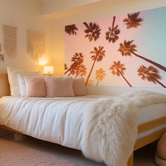 College wall art featuring a palm tree print in a decorated student bedroom