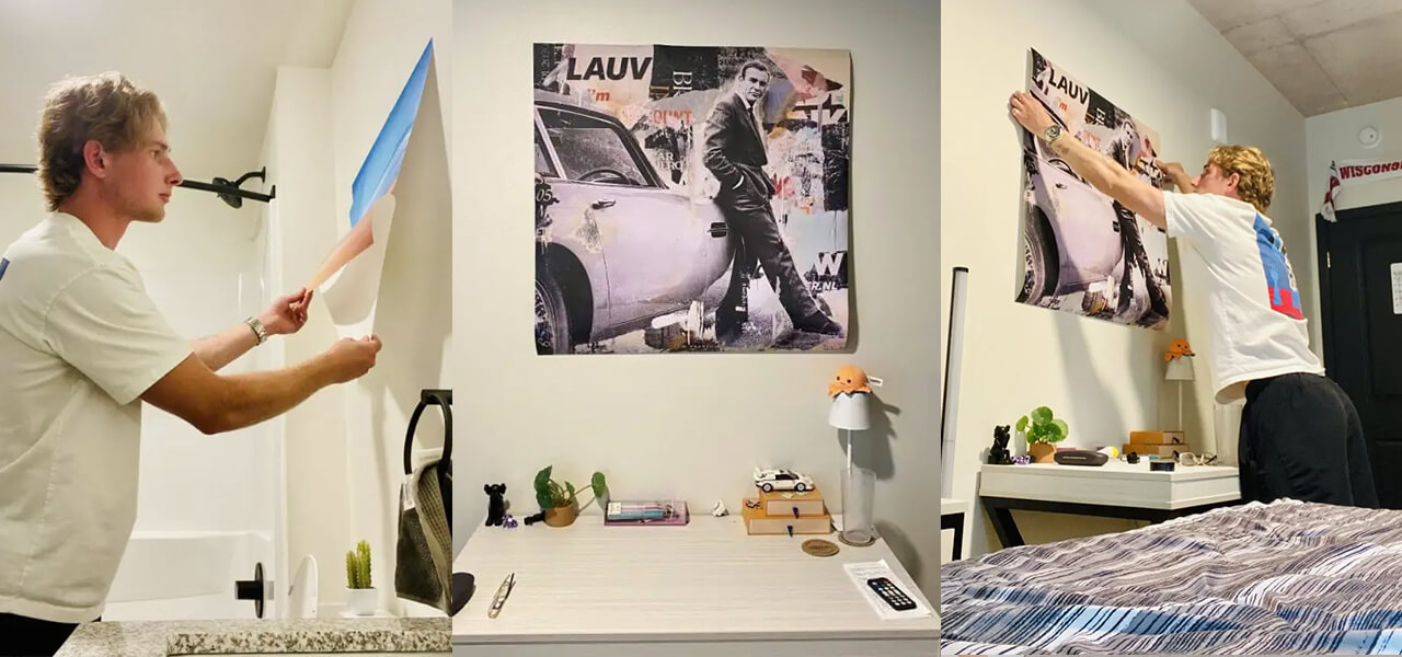 Guy hanging peel and stick dorm wall art prints in different rooms to add style