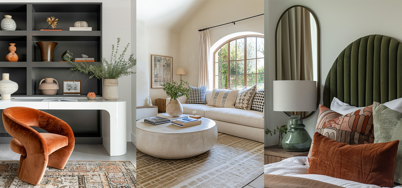 Modern home interiors in minimalist maximalist style showing a sculptural office with a velvet chair, neutral living room with graphic pillows, and a green velvet headboard in the bedroom