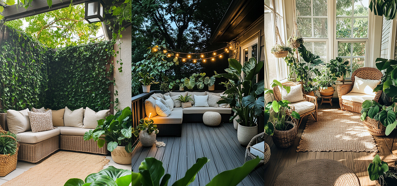 Three cozy bloom room setups on a patio, deck, and sunroom with lush plants and natural textures