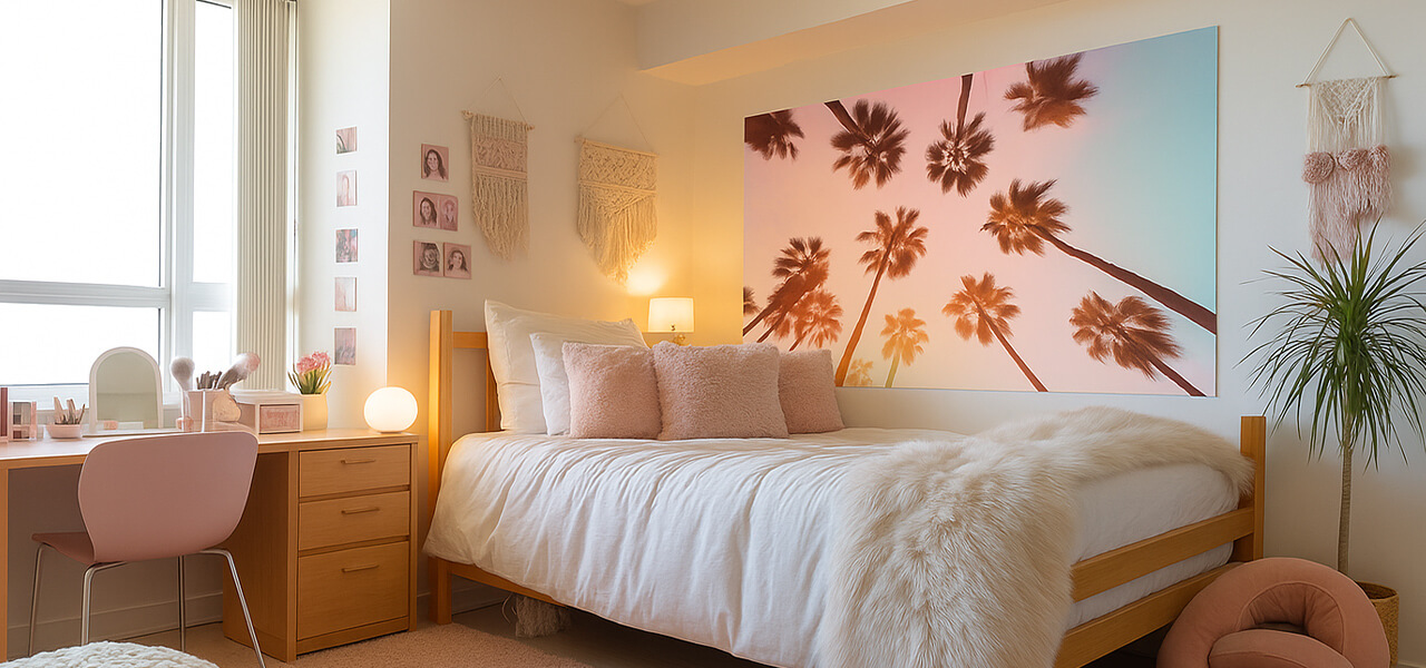 College wall art featuring a palm tree print in a decorated student bedroom