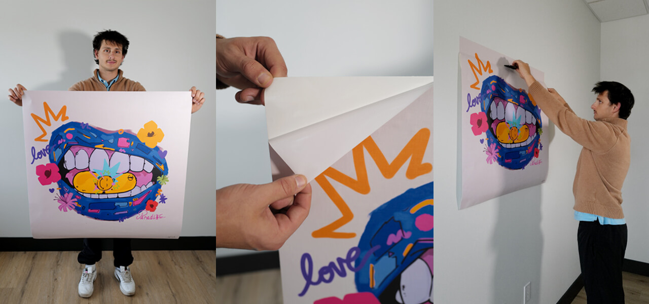 Step-by-step photos showing how to apply peel and stick college wall art