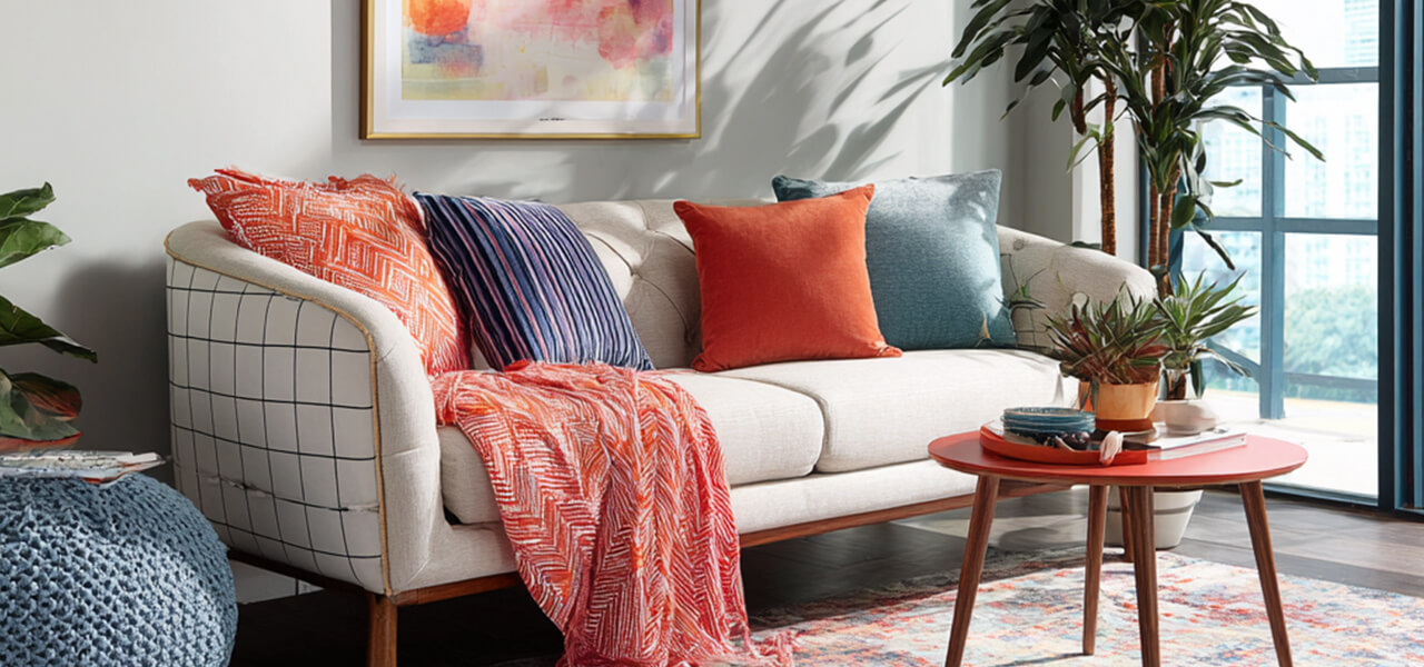 Light neutral sofa with orange and blue pillows and throw, colorful artwork, and plants in a bright living room with modern decor.