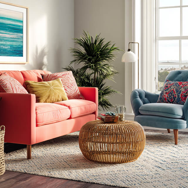 Coral sofa and blue armchair with colorful pillows in a bright living room featuring natural textures and greenery.