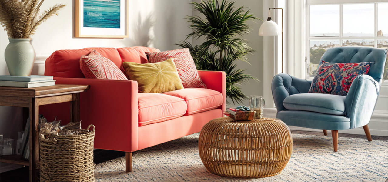 Coral sofa and blue armchair with colorful pillows in a bright living room featuring natural textures and greenery