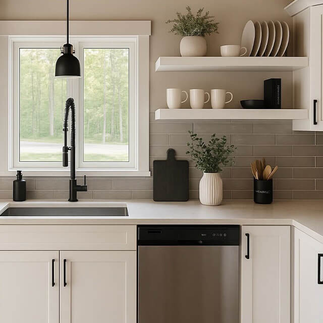An AI redesign of a kitchen with floating shelves and modern white cabinetry