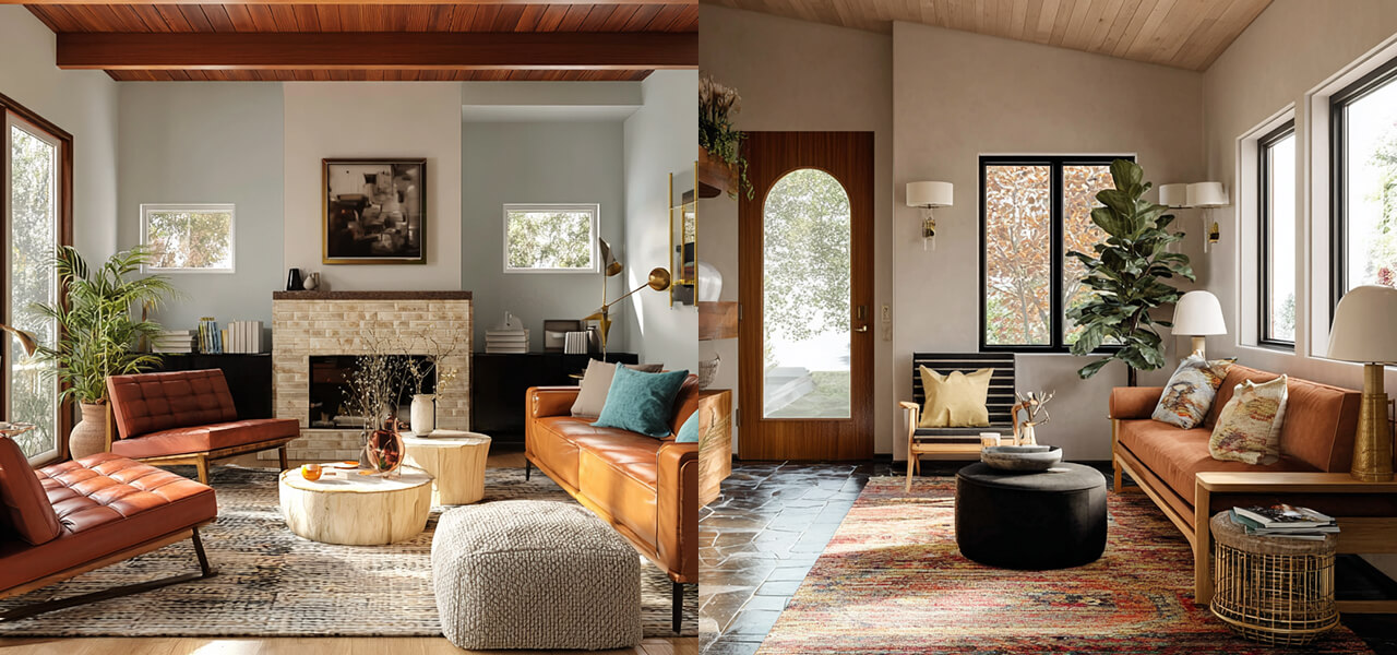 Mid-century modern living rooms with leather sofas, layered rugs, wood accents, and large windows with natural light.